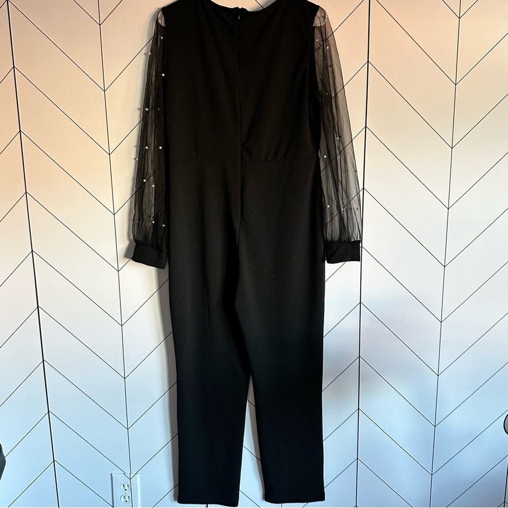 Dressy Black Jumpsuit with Sheer Sleeves and Pearl Embellishment. Size XL/12
